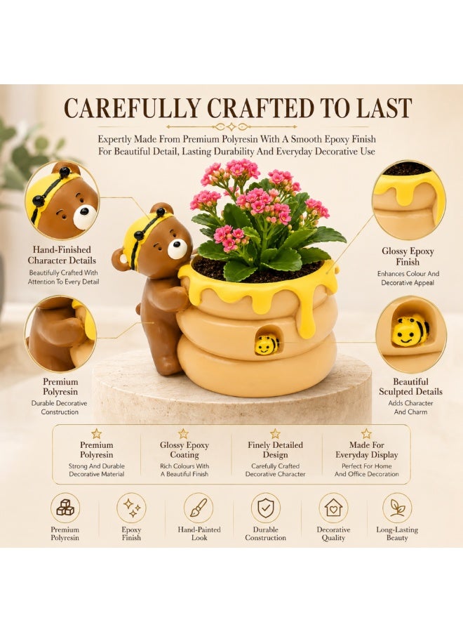Bear Honey Bee Succulent Planter, Cute Polyresin Flower Pot with Honey Pot Design, Decorative Animal Plant Holder, Mini Cactus Planter, Desktop Pen Holder, Indoor Outdoor Home Office Garden Décor Gift - Image 2