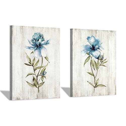 Hardy Gallery Blue Flower Canvas Wall Art: Botanical Floral Artwork Wildflower Picture Painting for Bedroom (24'' x 18'' x 2 Panels) - Image 1