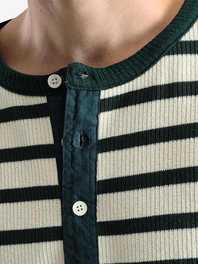 Giesto Green GIESTO Striped Long Sleeve Crew Neck T-Shirt with Button Detail for Men | Best Price UAE