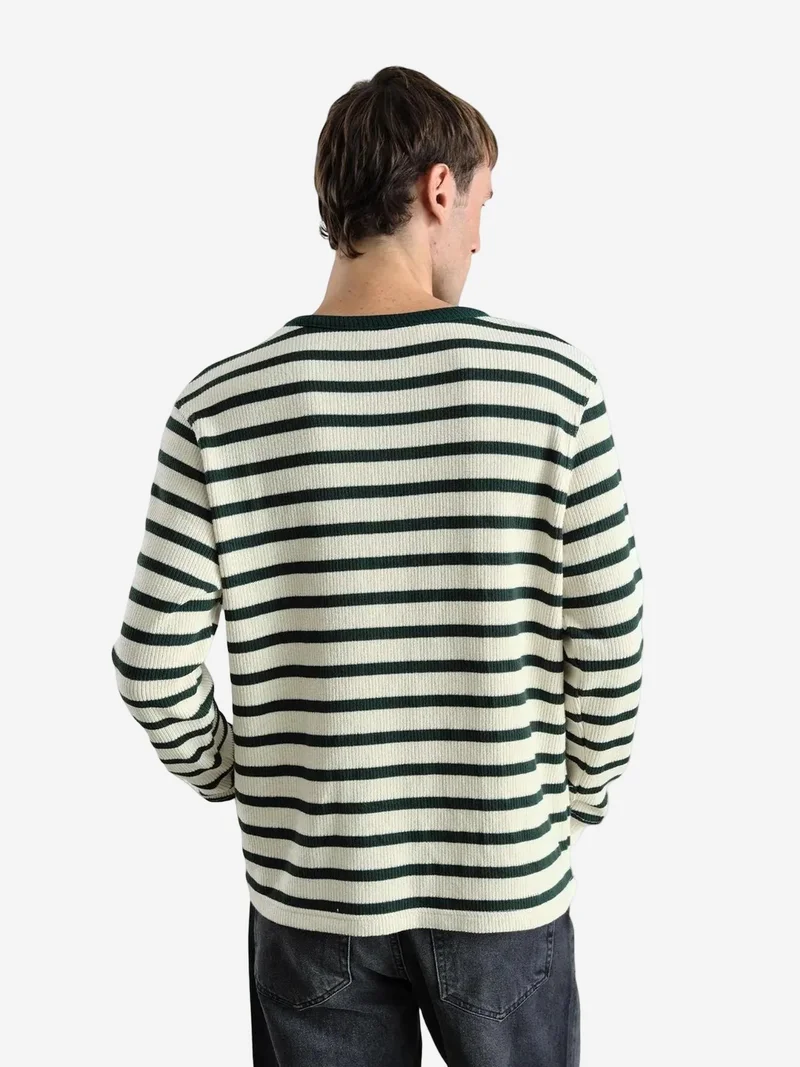 Giesto Green GIESTO Striped Long Sleeve Crew Neck T-Shirt with Button Detail for Men | Best Price UAE