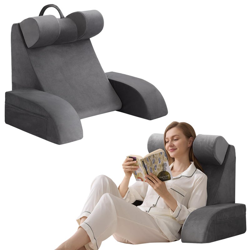 Velorose Reading Pillow for Sitting in Bed Adult, Back Pillow for Bed Sitting up, Backrest Pillow with Arms, Back Support Pillows for Gaming Lounging Watching TV, Medium 19" Grey - Image 1