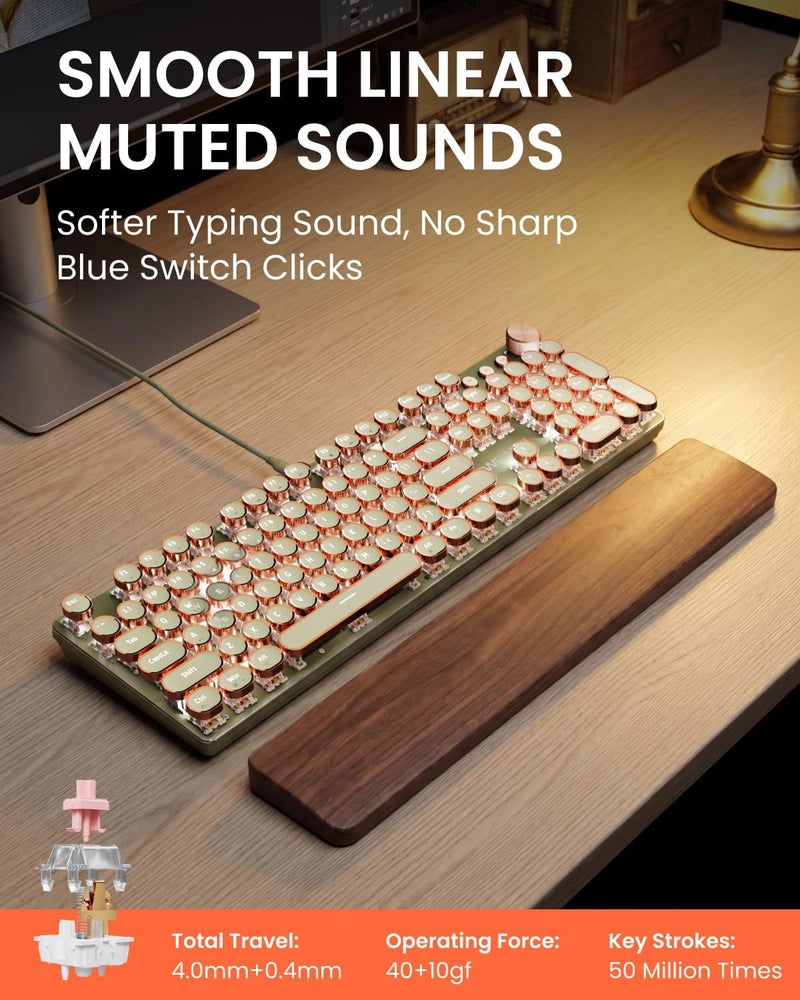 EWEADN Retro Typewriter Mechanical Gaming Keyboard, 104 Keys Backlit LED, Media Control Knob, Wired, USB-C, Green Switch, Windows/Mac Compatible - Image 2