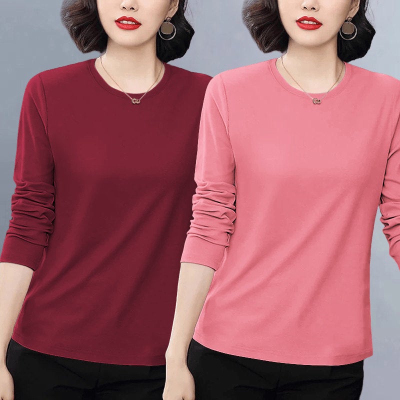 Pure cotton casual popular long-sleeved t-shirt for women's autumn 2025 new loose plus-size versatile age-reducing top with front shoulder - Image 1