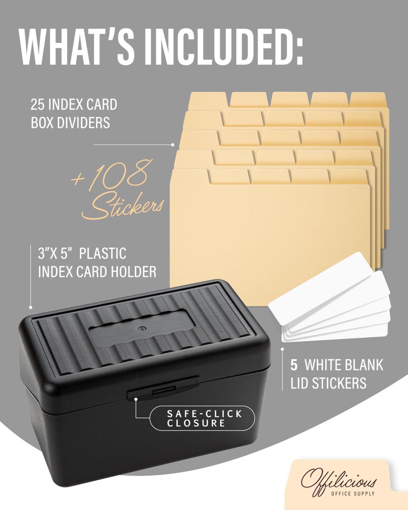 OFFILICIOUS Index Card Box 3x5 - Recipe Box with Manila Dividers & Stickers - Premium Index Card Holder Ideal as Business Card Organizer, Recipe Card Box, Index Card Organizer, Flash Card Holder - Image 2
