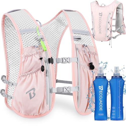 BECOJADDE Running Vest Hydration Backpack with Two 500ML Soft Water Bottles for Men Women 5L Lightweight Running Pack Hydration for Marathon Trail Cycling Hiking Jogging Pink - Image 1