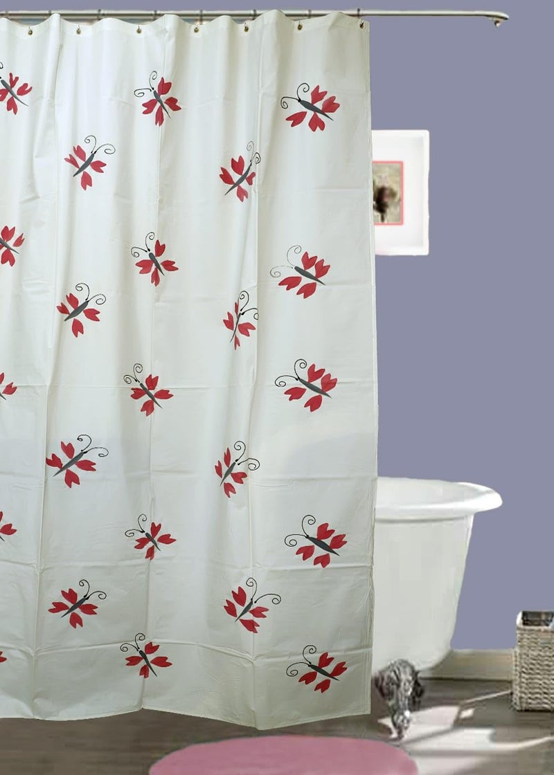 REKARDO Printed Shower Curtain with Hooks, Reuseable & Washable (Red Butterfly Pattern- 1)
