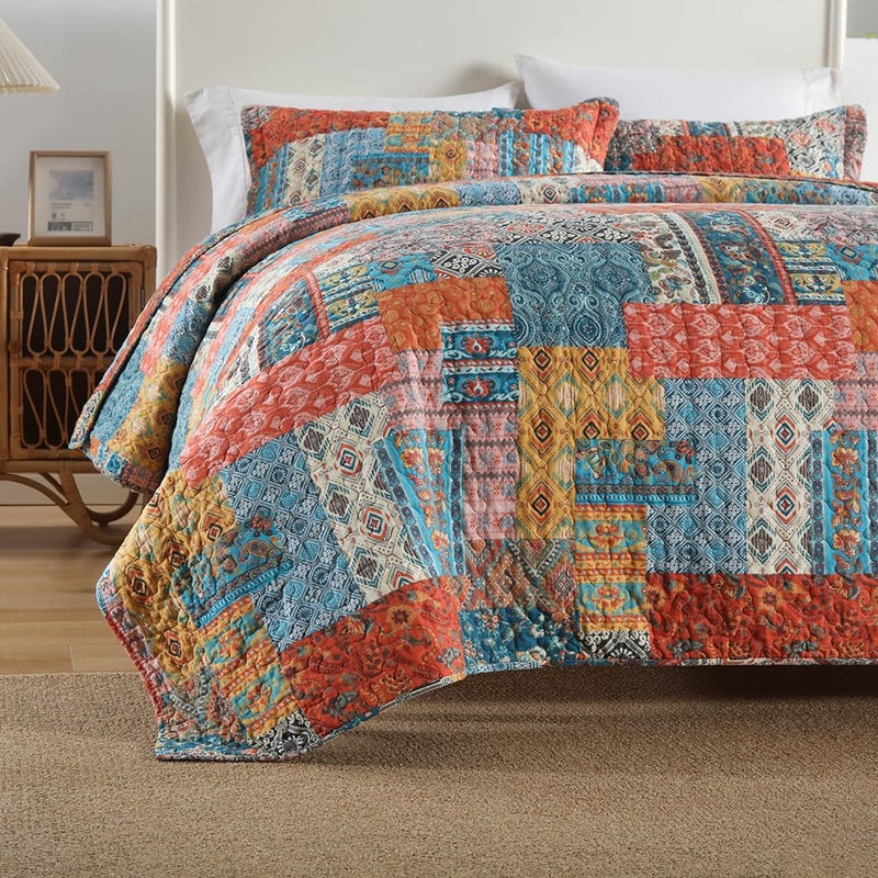 ENASAL Cotton Bedspread Quilt Bedding Sets Reversible Coverlet Comforters Vintage Bohemian Patchwork Pattern Bedspread for All Season, Queen Size - Image 3