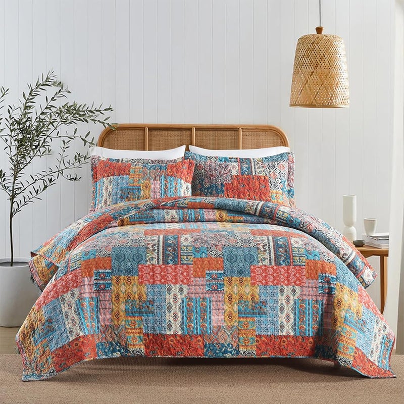 ENASAL Cotton Bedspread Quilt Bedding Sets Reversible Coverlet Comforters Vintage Bohemian Patchwork Pattern Bedspread for All Season, Queen Size - Image 1