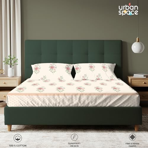 Urban Space Serene 100% Cotton King Fitted Size Bedsheet, 200 TC Super Soft Elastic bedsheets for King Size Bed, Floral King bedsheet with 2 Pillow Covers (72 x 78 Inches, Vintage Rose Buttercream) - Image 4
