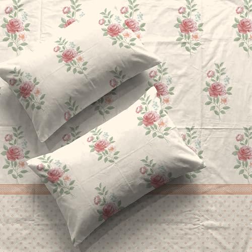 Urban Space Serene 100% Cotton King Fitted Size Bedsheet, 200 TC Super Soft Elastic bedsheets for King Size Bed, Floral King bedsheet with 2 Pillow Covers (72 x 78 Inches, Vintage Rose Buttercream) - Image 1
