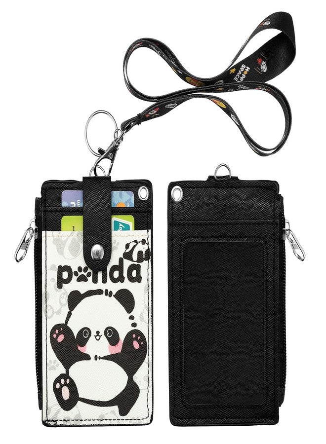 HASFINE ID Badge Holder with Cartoon Panda Design PU Leather ID Card Wallet, 2-Sided 3 Card Slots, Zippered Pocket, Detachable Keychain Lanyard for Teachers, Students, Nurses, Office Staff - Image 1