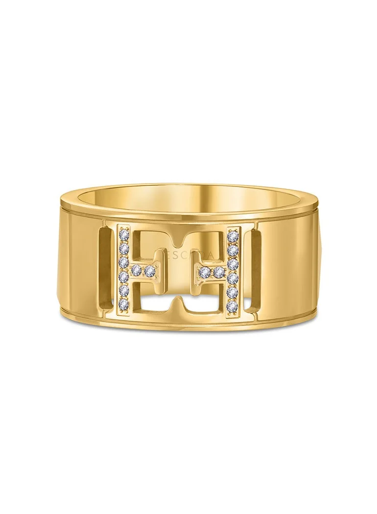 ESCADA Estelle Gold Plated Ring with Cutout Logo and Sparkling Crystals