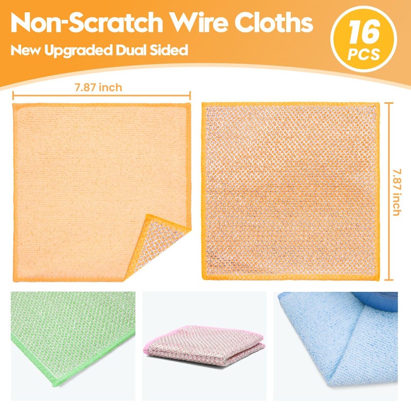 Phafaloop 16 Pcs Multipurpose Wire Dishwashing Rags, Upgraded Dual-Sided Non Scratch Wire Dishcloth, Reusable Metal Wash Cloth, Steel Wool Cleaning Cloths for Kitchen, Cookware, Sinks, Stove Tops - Image 2