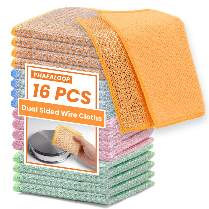 Phafaloop 16 Pcs Multipurpose Wire Dishwashing Rags, Upgraded Dual-Sided Non Scratch Wire Dishcloth, Reusable Metal Wash Cloth, Steel Wool Cleaning Cloths for Kitchen, Cookware, Sinks, Stove Tops - Image 1