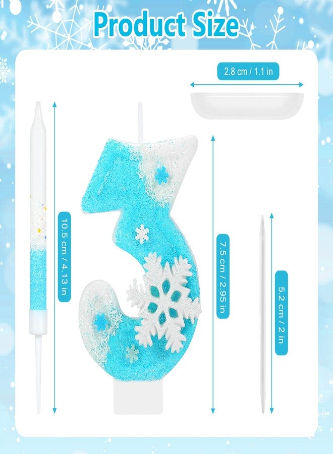 IDIJOLI Blue Frozen Birthday Candles White Snowflake Number 3 Candle Set Cupcake Toppers Winter Themed 3rd Birthday Party Decorations Anniversary Celebrations Supplies Favors - Image 3