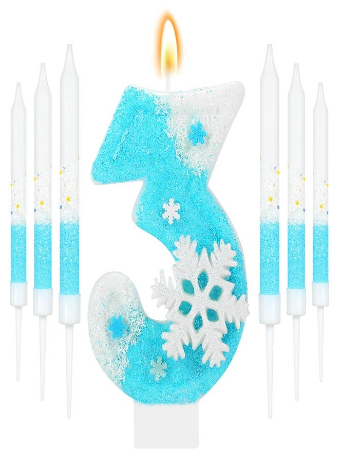 IDIJOLI Blue Frozen Birthday Candles White Snowflake Number 3 Candle Set Cupcake Toppers Winter Themed 3rd Birthday Party Decorations Anniversary Celebrations Supplies Favors - Image 1