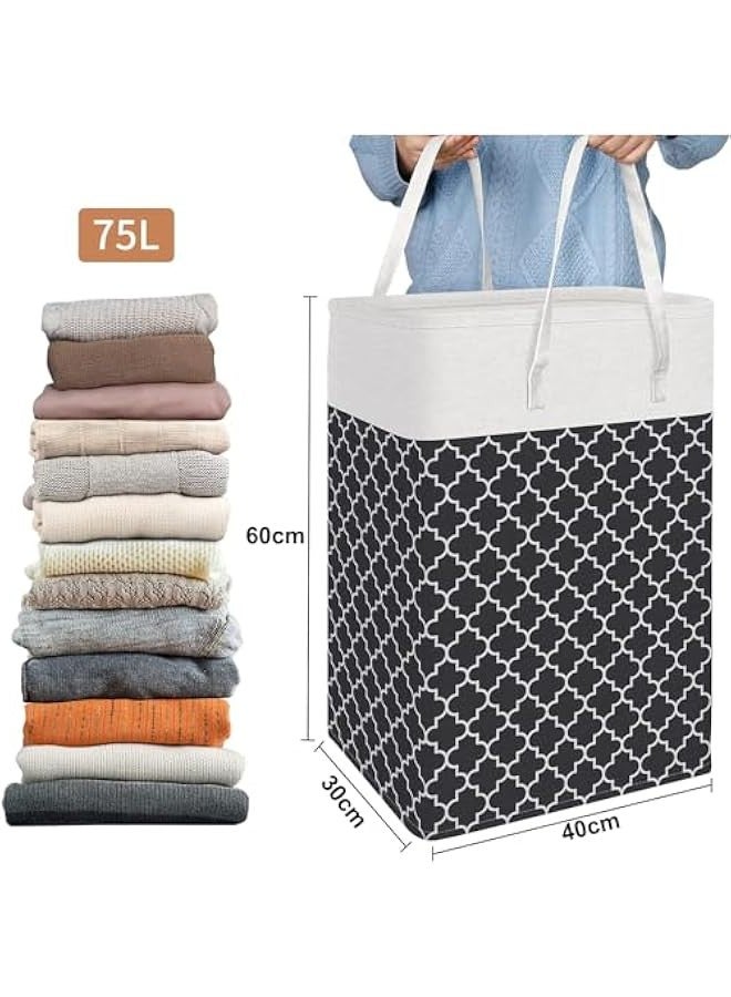 بيوينتي سلة غسيل كبيرة ، 2 حزمة كيس غسيل قابل للطي مع مقابض ممتدة ، غسيل مقاوم للماء ، غسيل مستقل ، لعب الملابس في السكن والعائلة (كلوفر أسود ، 75 لتر) - Image 2