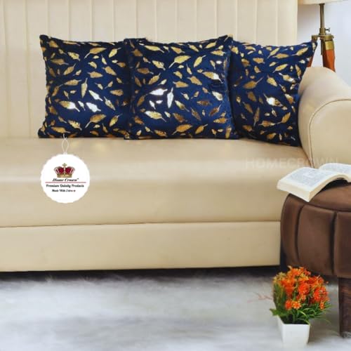 HOMECROWN Velvet Cushion Covers 16x16 Inch – Set of 3 Pcs, Golden Feather Print, Soft Faux Fur Decorative Throw Pillow Covers for Sofa, Couch, Bed, Living Room (Blue) - Image 1