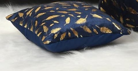 HOMECROWN Velvet Cushion Covers 16x16 Inch – Set of 3 Pcs, Golden Feather Print, Soft Faux Fur Decorative Throw Pillow Covers for Sofa, Couch, Bed, Living Room (Blue) - Image 2
