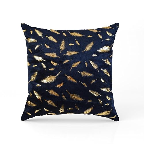 HOMECROWN Velvet Cushion Covers 16x16 Inch – Set of 3 Pcs, Golden Feather Print, Soft Faux Fur Decorative Throw Pillow Covers for Sofa, Couch, Bed, Living Room (Blue) - Image 3