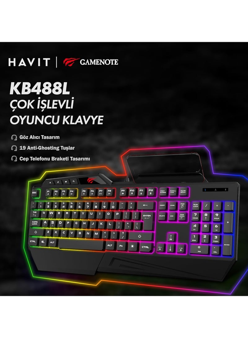 هافيت لوحة مفاتيح كمبيوتر HAVIT KB488L مكونة من 104 مفاتيح مع إضاءة خلفية بألوان قوس قزح ومسند للمعصم (عربي + إنجليزي) - Image 3