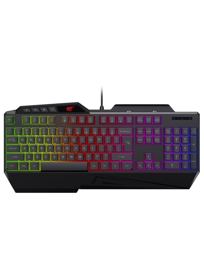 هافيت لوحة مفاتيح كمبيوتر HAVIT KB488L مكونة من 104 مفاتيح مع إضاءة خلفية بألوان قوس قزح ومسند للمعصم (عربي + إنجليزي) - Image 1