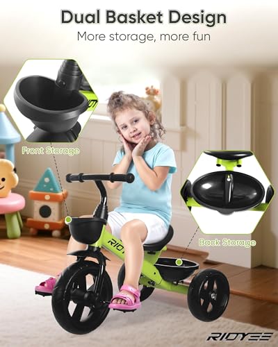 RIDYEE Toddler Tricycle for 15 to 5 Years Tricycle for Ages 24 Years ExtraWide Rear Wheelbase for Stability Trikes for Kids 13 with Dual Storage Baskets Easy to Carry Seat Green - Image 5