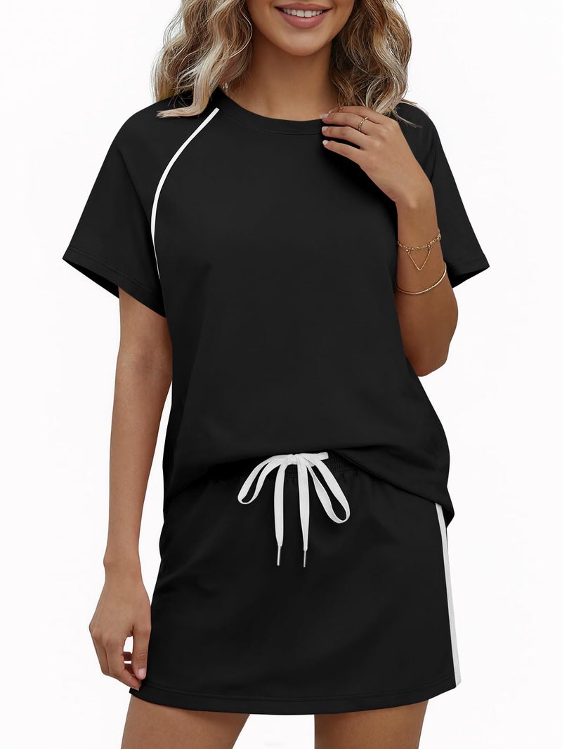 Yousify Womens 2 Piece Skirt Sets Summer Short Sleeve Tops and Tennis Skort Lounge Set Vacation Workout Matching Outfits - Image 2