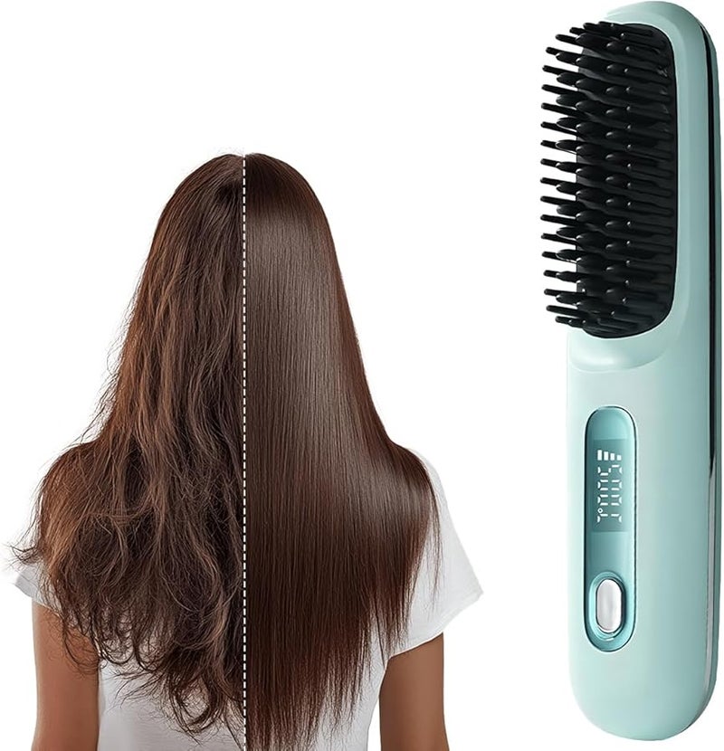 Blue Cordless Hair Straightener Brush with LCD Temperature Display Fast Heating Portable Travel Mini - Image 1