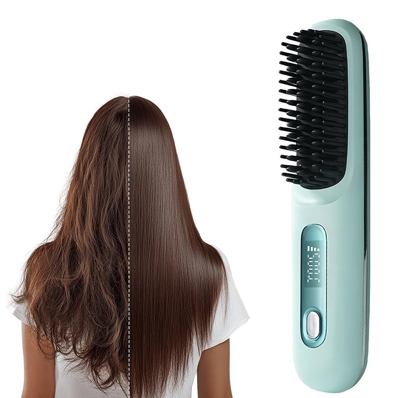 Blue Cordless Hair Straightener Brush with LCD Temperature Display Fast Heating Portable Travel Mini - Image 2