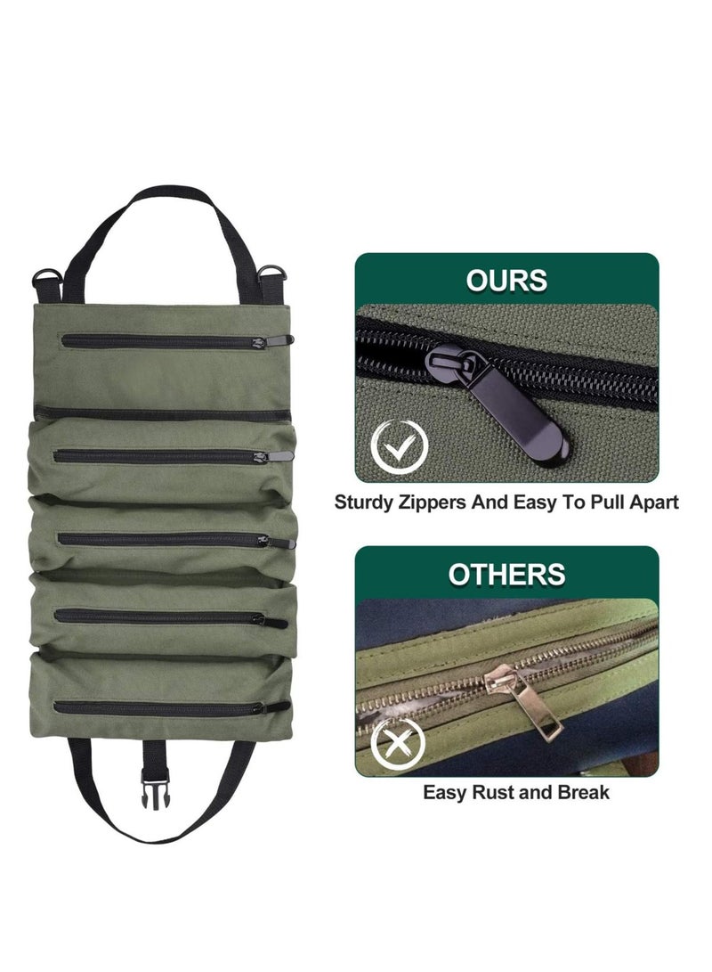 Super Tool Roll Up Bag/Pouch,Durable Canvas Wrench Tool Roll Up Pouch With 5 Zipper Pockets,car Back Seat Organizer Green - Image 2