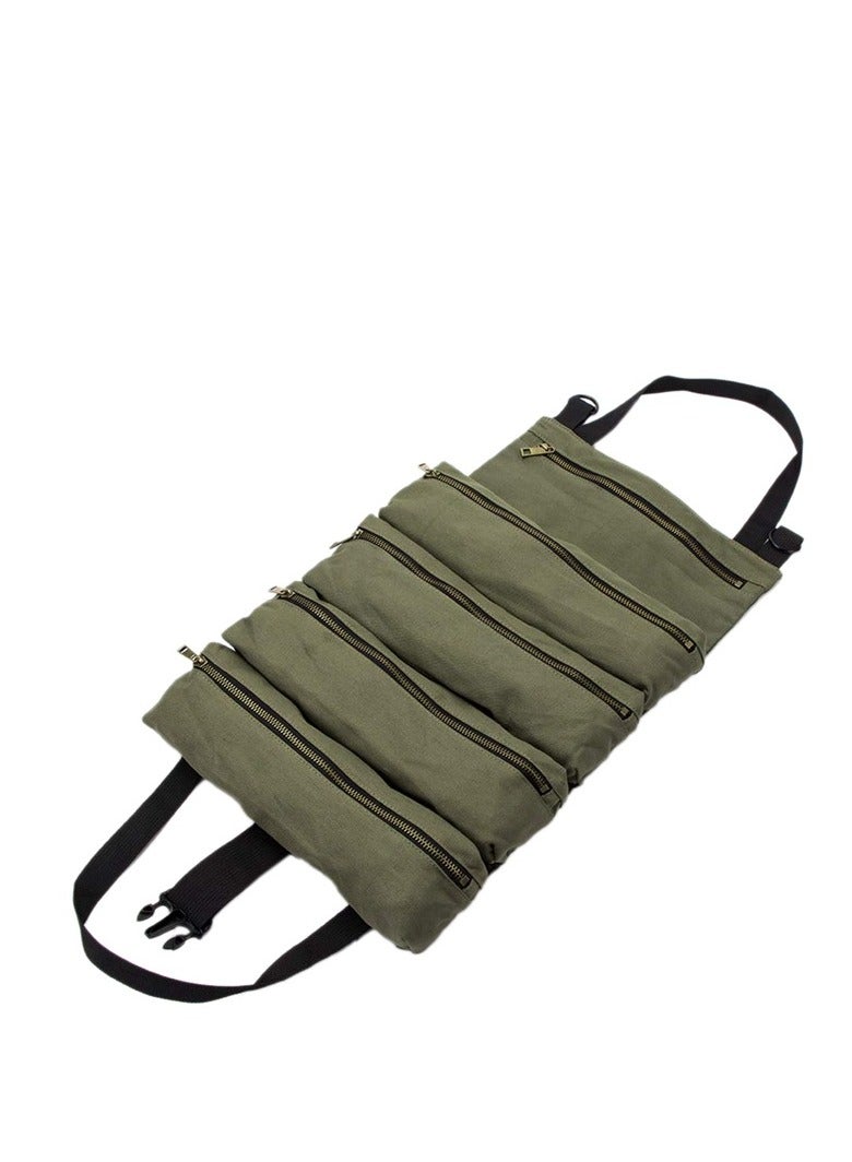 Super Tool Roll Up Bag/Pouch,Durable Canvas Wrench Tool Roll Up Pouch With 5 Zipper Pockets,car Back Seat Organizer Green - Image 1
