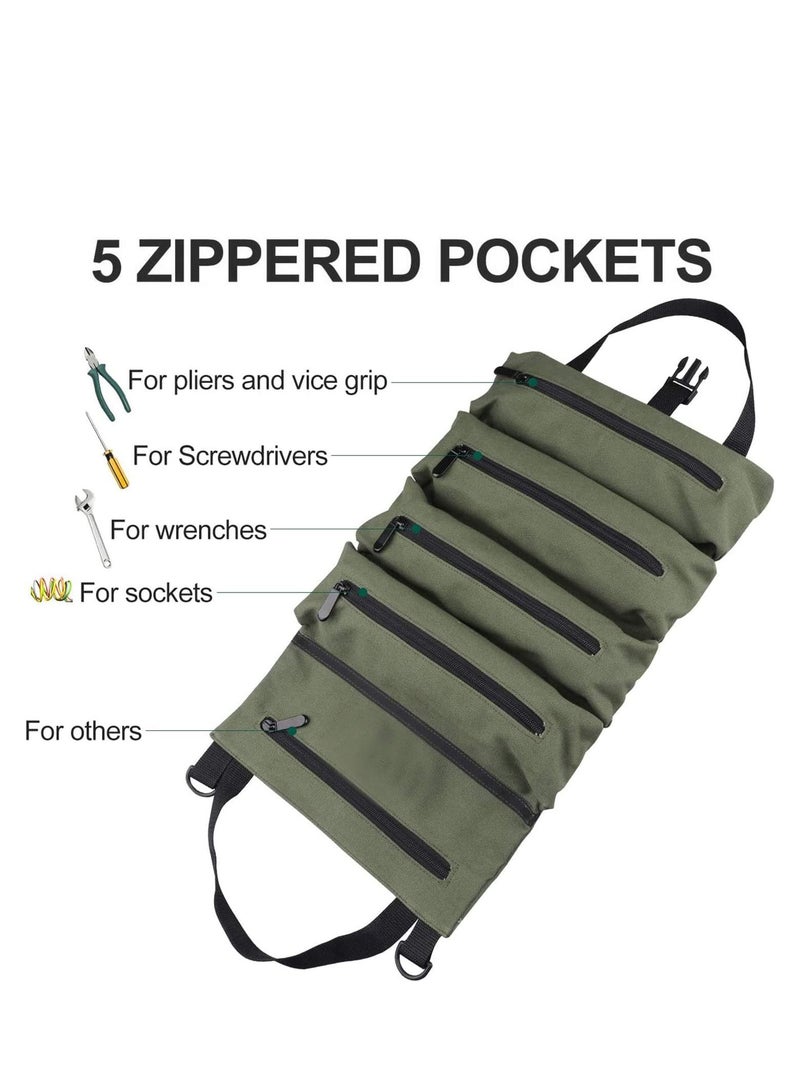 Super Tool Roll Up Bag/Pouch,Durable Canvas Wrench Tool Roll Up Pouch With 5 Zipper Pockets,car Back Seat Organizer Green - Image 3