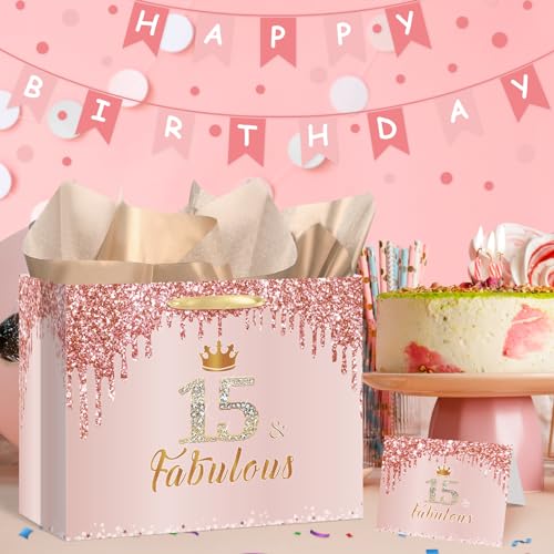 Yoirrat Rose Gold 15th Birthday Gift Bag for Girls 15 Fabulous Large Pink Happy 15th Birthday Gift Bag with Wrapping Paper and Card for 15 Years Old Quinceanera Bday Decorations Party Supplies - Image 3