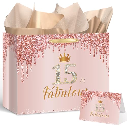 Yoirrat Rose Gold 15th Birthday Gift Bag for Girls 15 Fabulous Large Pink Happy 15th Birthday Gift Bag with Wrapping Paper and Card for 15 Years Old Quinceanera Bday Decorations Party Supplies - Image 1