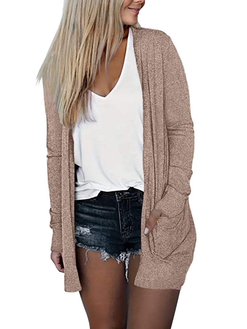 DB MOON Womens Long Cardigan Light Weight Sweater Long Sleeve Lightweight Open Front Fall Outfits with Pockets L, Brown - Image 2