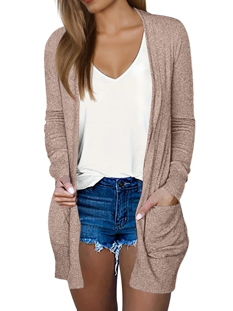 DB MOON Womens Long Cardigan Light Weight Sweater Long Sleeve Lightweight Open Front Fall Outfits with Pockets L, Brown - Image 1