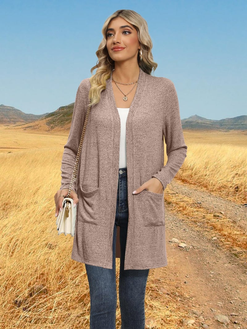 DB MOON Womens Long Cardigan Light Weight Sweater Long Sleeve Lightweight Open Front Fall Outfits with Pockets L, Brown - Image 4