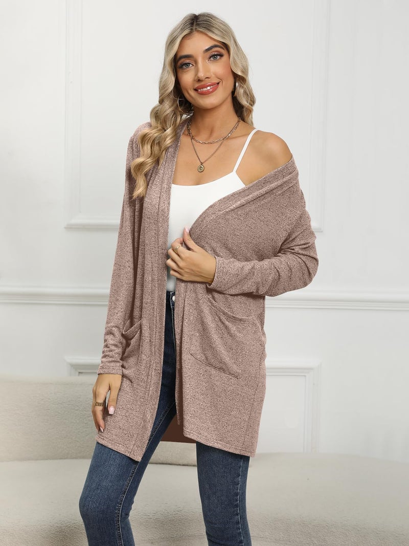 DB MOON Womens Long Cardigan Light Weight Sweater Long Sleeve Lightweight Open Front Fall Outfits with Pockets L, Brown - Image 3
