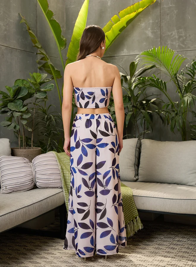SASSAFRAS Sassafras White Leaf Print Tube Top and Pants Co-Ords
