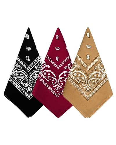 Bycc Bynn 3 Pack Pure Cotton Paisley Pattern Bandanas Square Scarf Headwear (Black + Burgundy + Dark Yellow) - Image 1