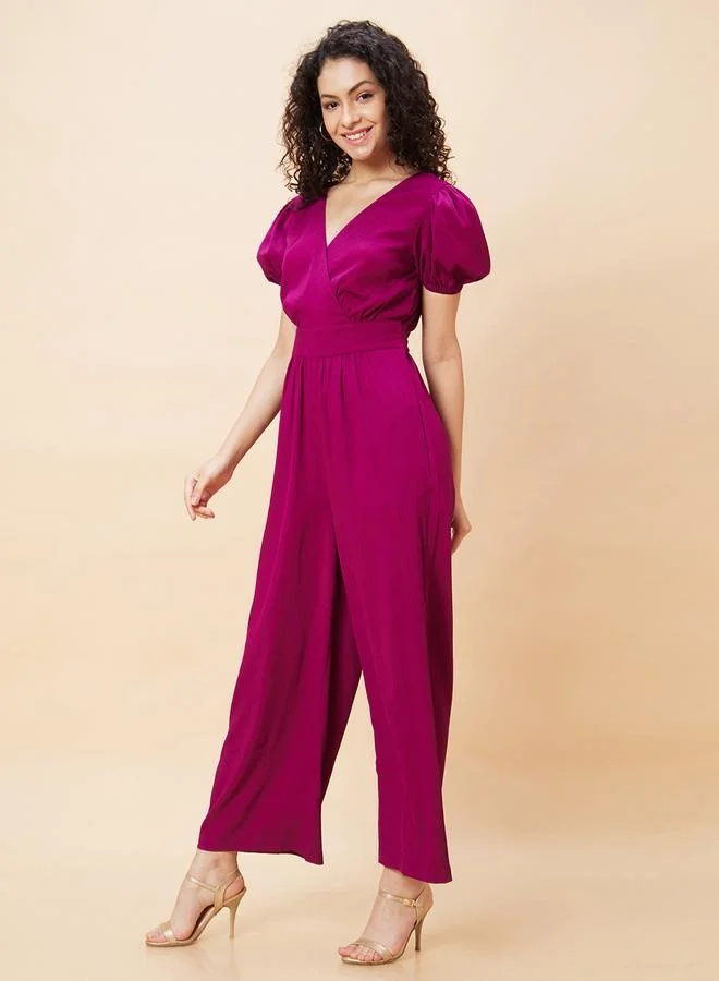 globus Globus Women Wine Solid Wrap V-Neck Short Sleeves Jumpsuit with Waist Tie-Up by Styli