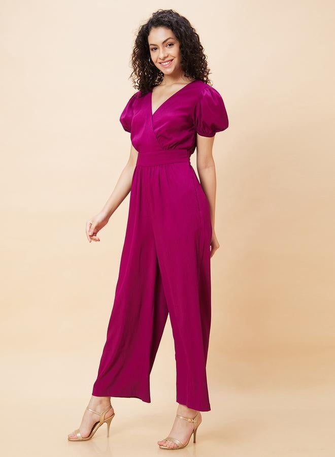globus Globus Women Wine Solid Wrap V-Neck Short Sleeves Jumpsuit with Waist Tie-Up by Styli - Image 4