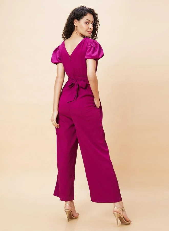 globus Globus Women Wine Solid Wrap V-Neck Short Sleeves Jumpsuit with Waist Tie-Up by Styli