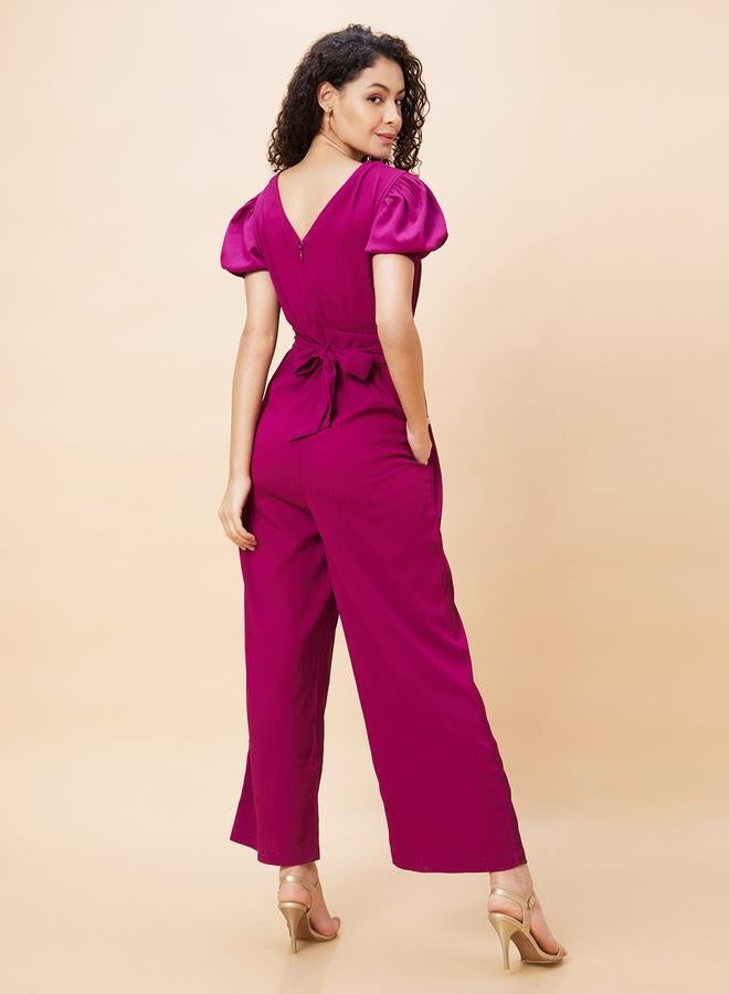globus Globus Women Wine Solid Wrap V-Neck Short Sleeves Jumpsuit with Waist Tie-Up by Styli - Image 3