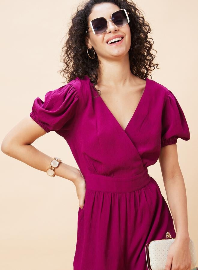 globus Globus Women Wine Solid Wrap V-Neck Short Sleeves Jumpsuit with Waist Tie-Up by Styli - Image 1