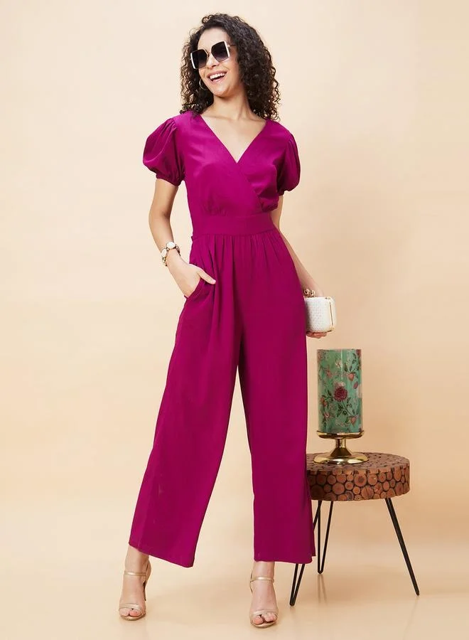 globus Globus Women Wine Solid Wrap V-Neck Short Sleeves Jumpsuit with Waist Tie-Up by Styli
