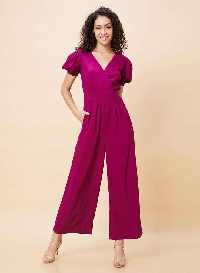 globus Globus Women Wine Solid Wrap V-Neck Short Sleeves Jumpsuit with Waist Tie-Up by Styli - Image 2