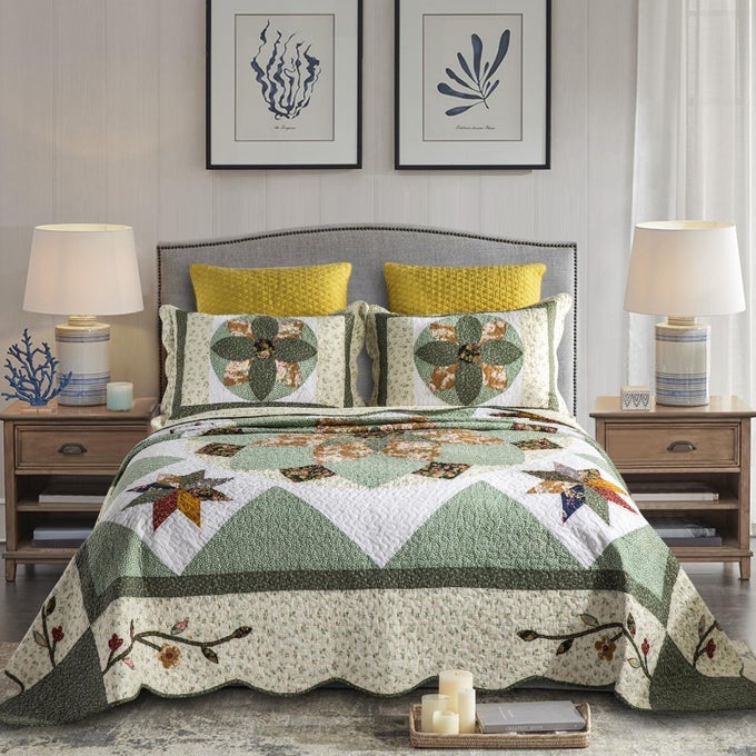 OVERSIZED QUEEN BEDSPREADS PATCHWORK QUILT SET 110X118 INCH 100 COTTON REVERSIBLE BREATHABLE GREEN EARTH GEOMETRIC QUILTED COVERLET WITH PILLOW SHAMS FOR ALL SEASONS