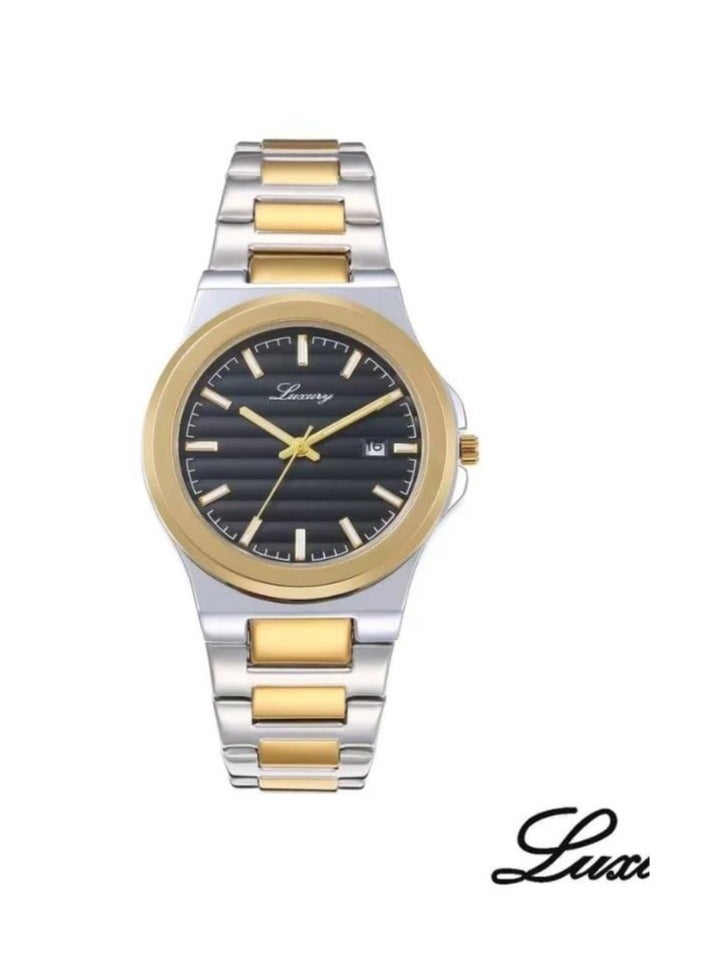 لكجر ساعة رجالية من الفولاذ المقاوم للصدأ مقاومة للماء، عصرية، عالية الجودة - سوار فضي وذهبي مع مينا سوداء